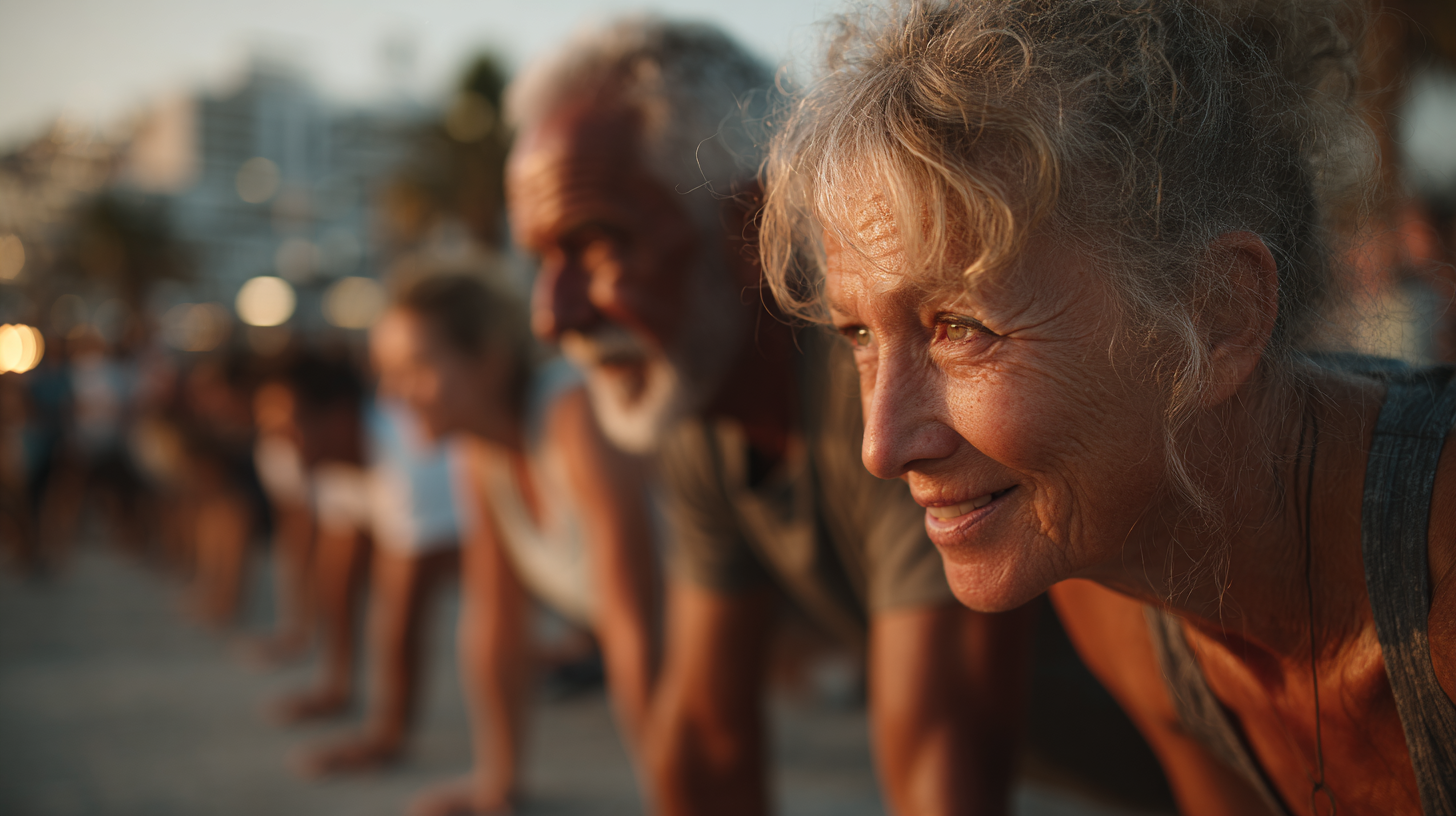 Grup de seniori practicând exerciții în parc